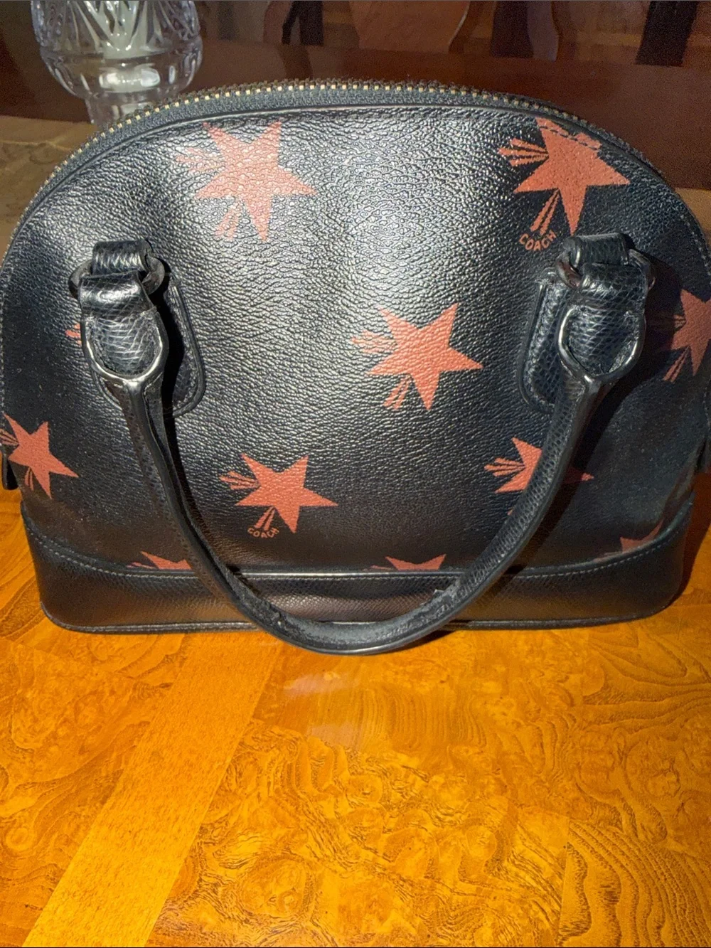 Coach Black Leather Dome Satchel with Coral Star Print
